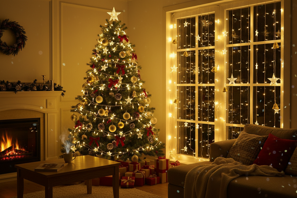 Hot Sale Twinkle Stars and Deer Bells Christmas Tree String Lights Christmas Window Curtain Room Decorations for Partys