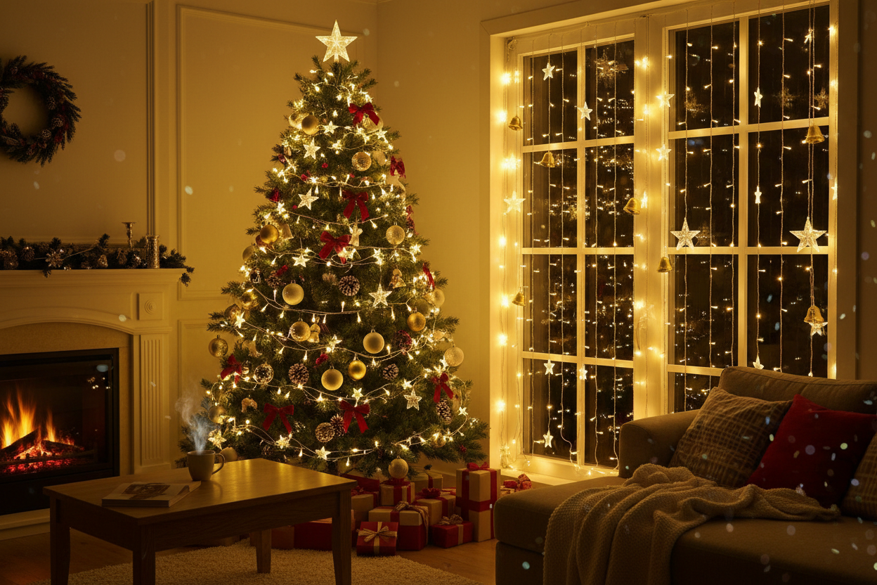 Hot Sale Twinkle Stars and Deer Bells Christmas Tree String Lights Christmas Window Curtain Room Decorations for Partys